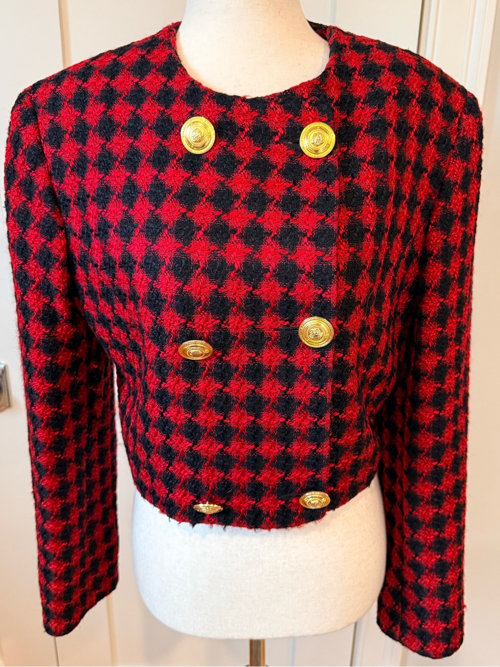 Versace Vintage Tweed Red and Black Cropped Houndstooth Double-Breasted Jacket